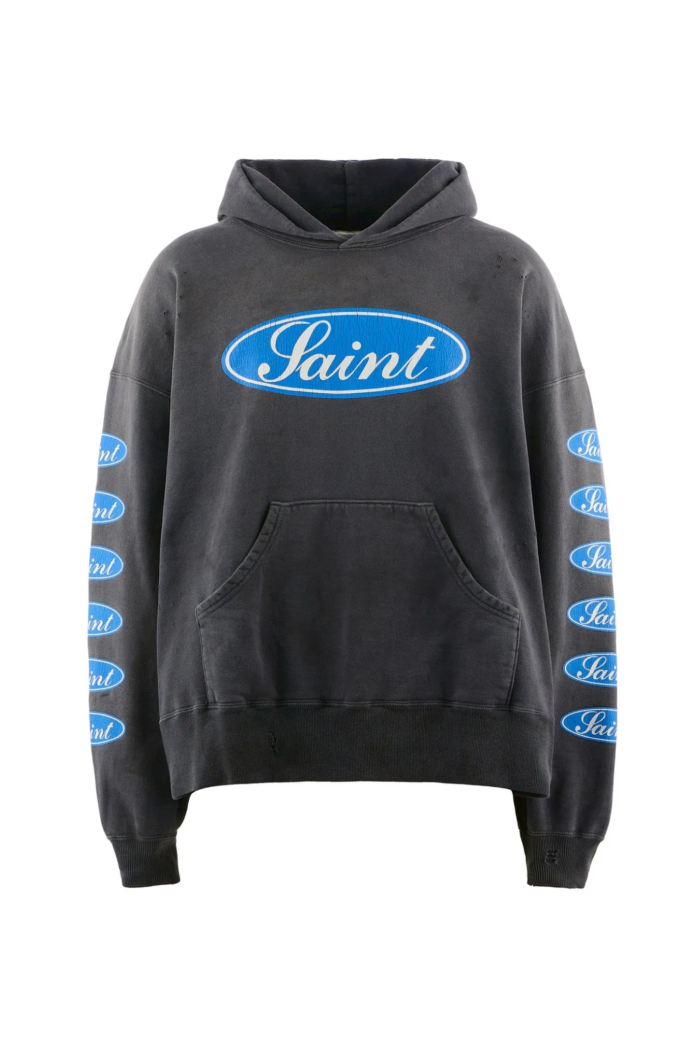 SAINT Mxxxxxx HOODIE/LOVE AMONG/BLK blue SAINT barrage slogan hoodie, washed black S-XL, the latest version, revised many times, the version is closer to the original version, and the street flavor is stronger! Heavy washing with water-sprayed fading process for stronger distressing effect. Handmade wormhole destruction treatment. Authentic level extreme distressed crack printing. The main mark and wash mark are all correct versions.
